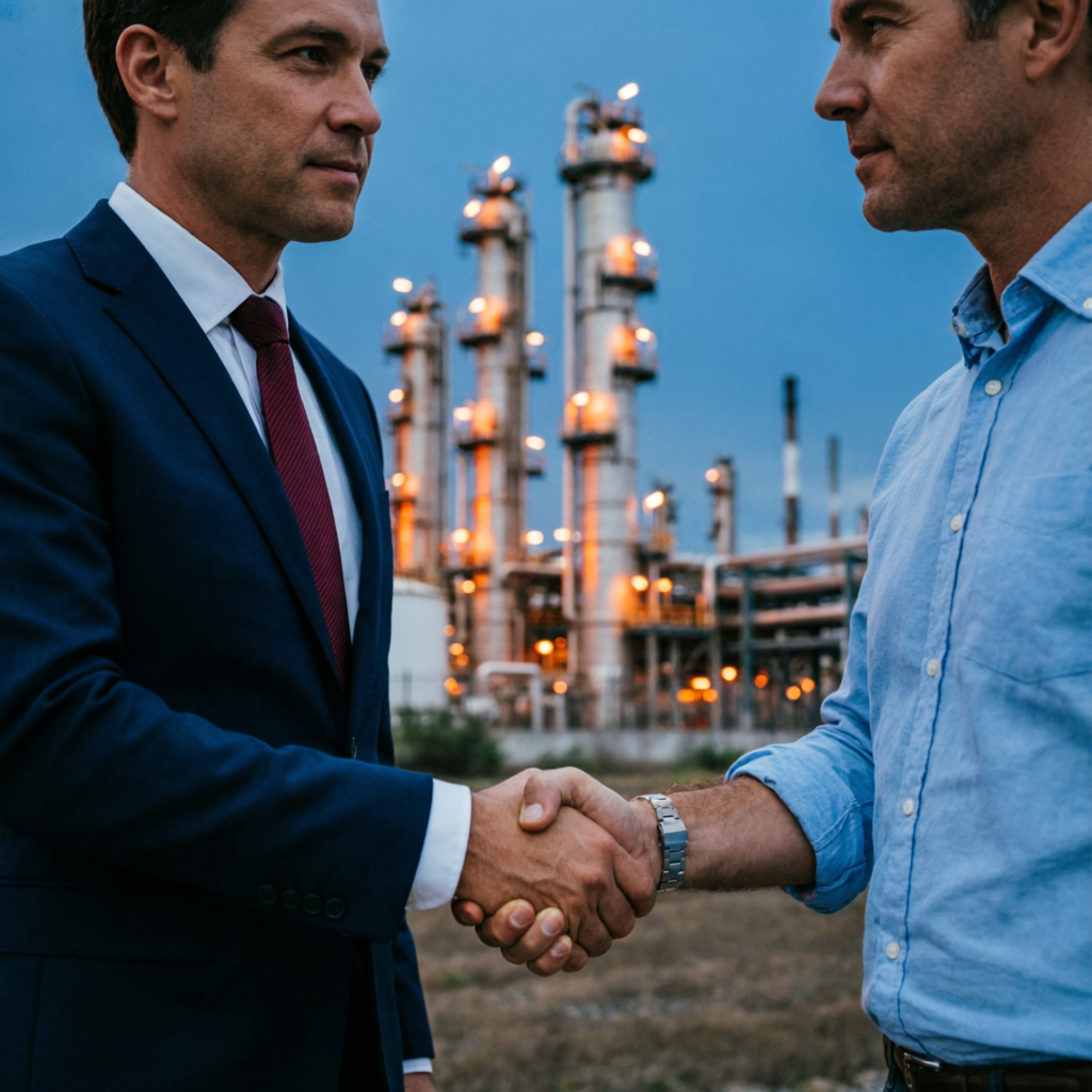 Business partnership handshake in front of an industrial refinery at dusk